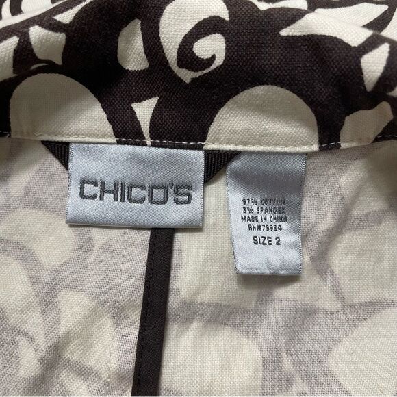 Chico's Floral Cotton Blazer Jacket Brown Cream Cotton Stretch Chico's Size 2 - Picture 7 of 8